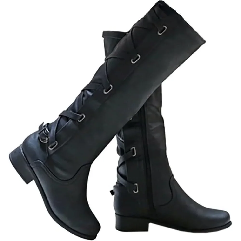 Womens Faux Leather Black Strappy Motorcycle Knee High Riding Flat Lace Up Boots
